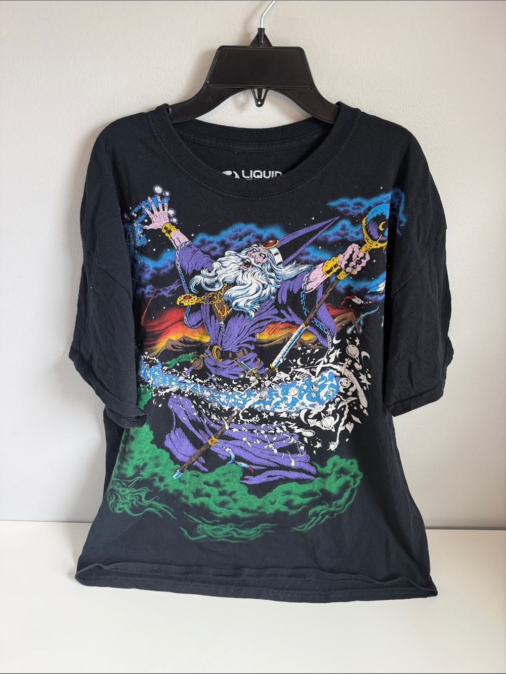 Liquid Blue Black Wizard Graphic Tee with Purple, Green & Blue